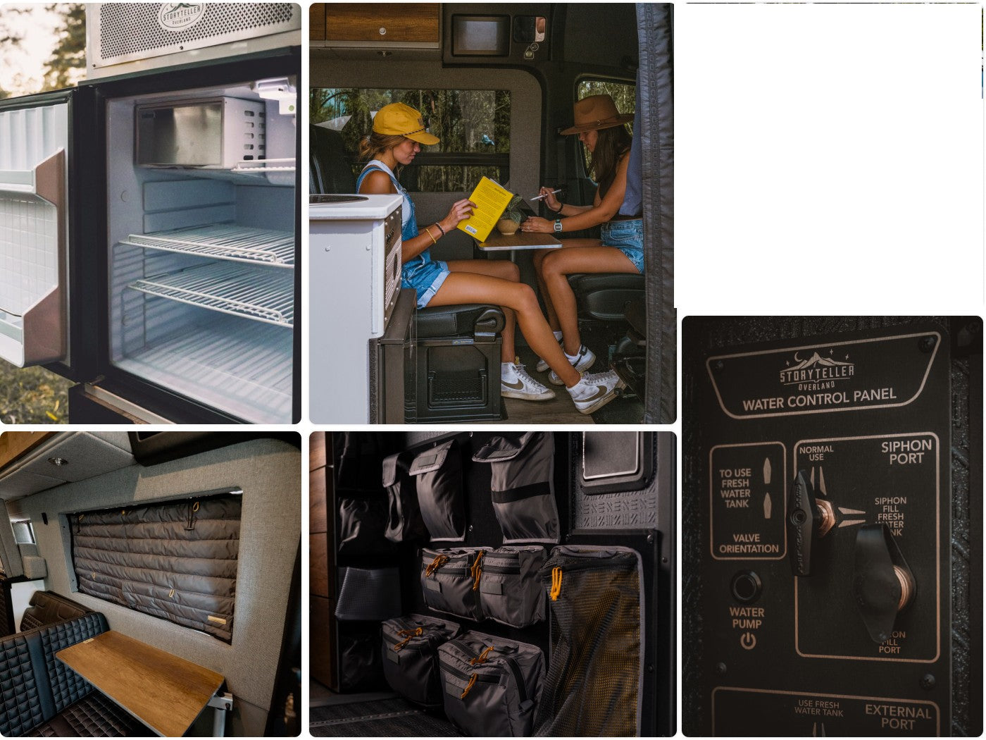 This RV rental camper van shows its interior features: open fridge, seating, organized storage, and a water control panel.