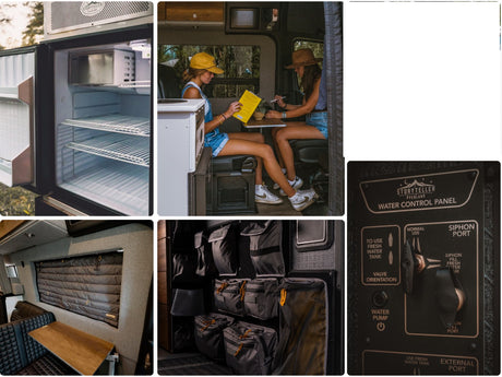 This RV rental camper van shows its interior features: open fridge, seating, organized storage, and a water control panel.