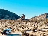 RV rental enjoying Joshua Tree National Park's desert landscape with rock formations and Joshua trees.