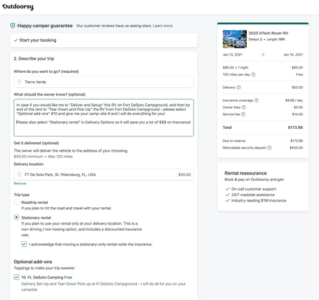 Outdoorsy RV rental booking page shows pricing details, delivery options, and trip type selection for an RV.