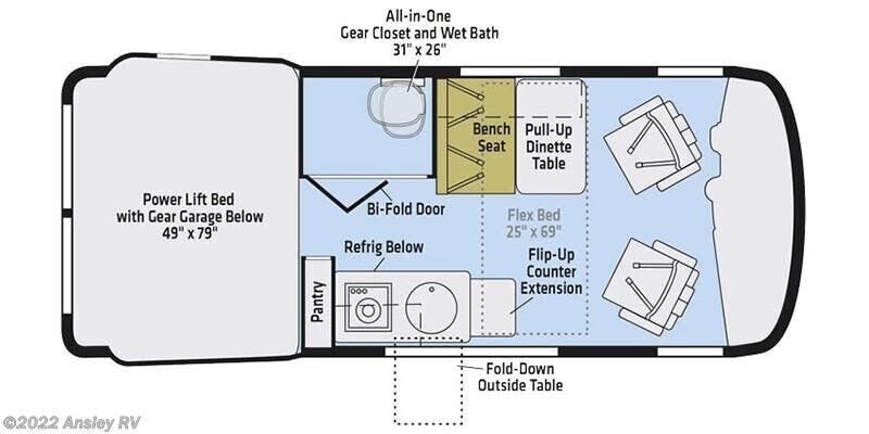 This RV rental floor plan displays a versatile interior: power lift bed, wet bath, kitchen, and convertible dinette/flex bed. — photo 4