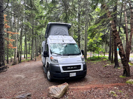 Forest rv rental adventure: White pop-top camper van parked at a shaded campsite among pines.|This white Winnebago Solis rv rental