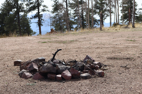 RV rental adventure awaits! A rock fire pit in a gravel clearing, surrounded by a forest and distant mountains.