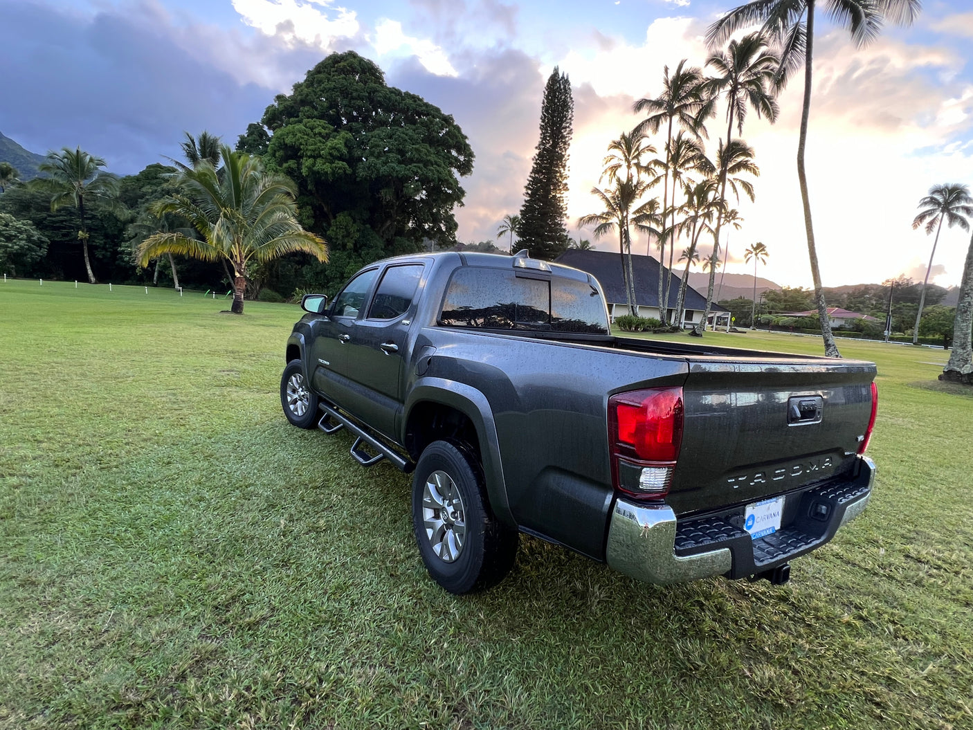Toyota Tacoma pickup on grass in a tropical scene, a robust choice for your next adventure or an RV rental alternative.