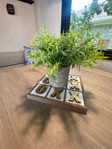 Cozy RV rental interior: faux plant on a tic-tac-toe game board, wooden table, with window view.