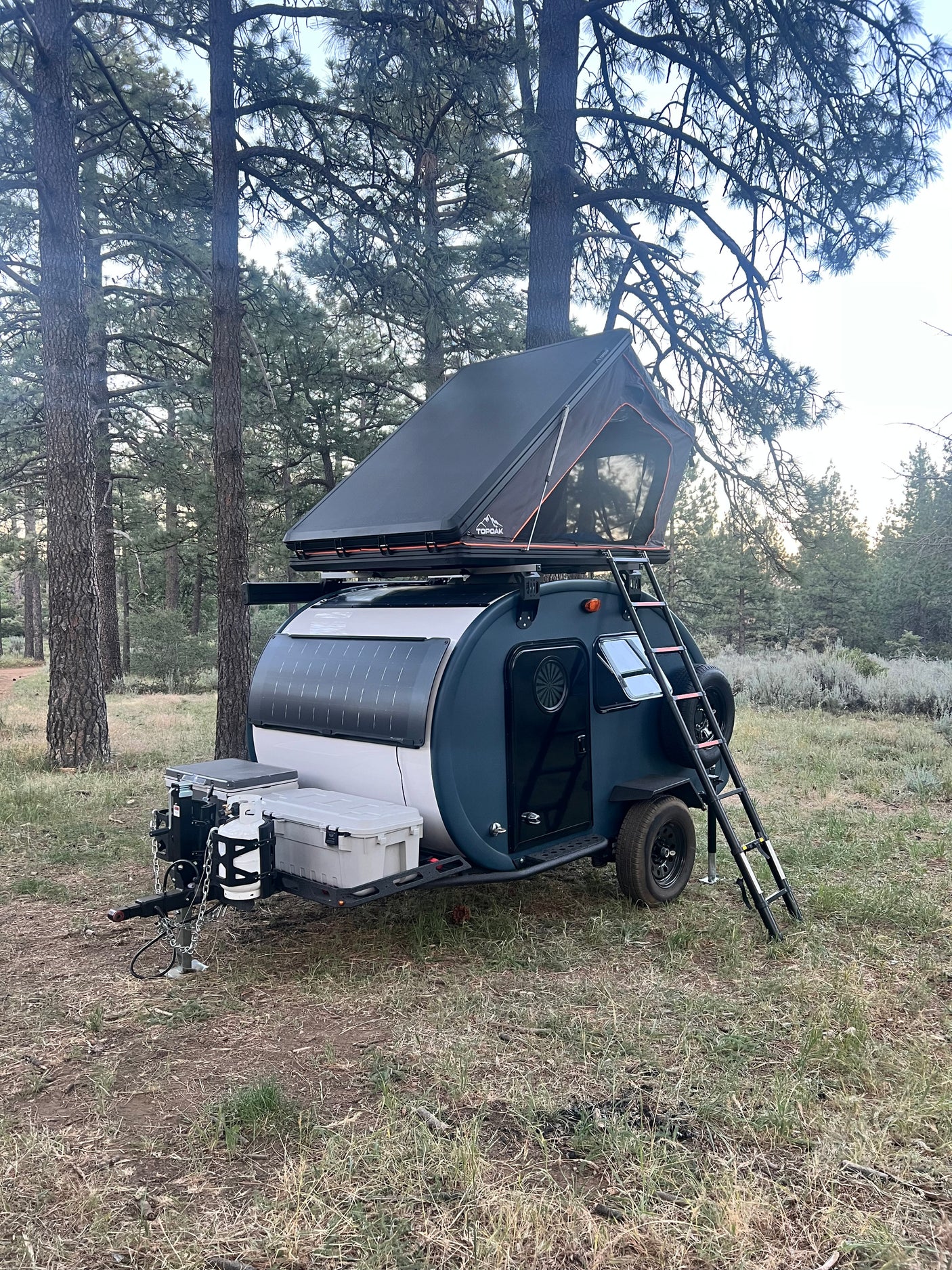 Teardrop trailer rv rental with deployed rooftop tent and solar panels, nestled in a scenic pine forest.