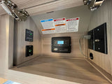 **RV rental** interior: a solar charge controller (12.3V), inverter switch, USB port, and critical safety warnings are visible.