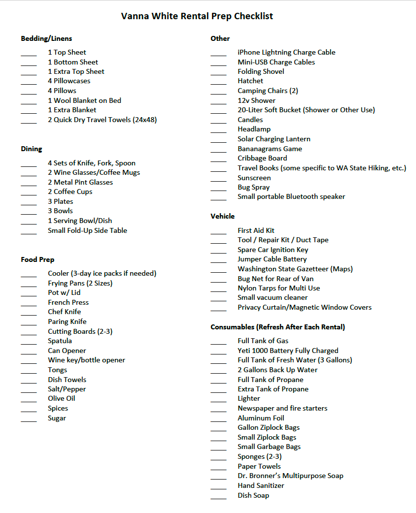Detailed RV rental prep checklist for camping supplies, including bedding, dining, food, vehicle, and other essentials.