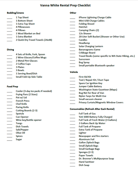 Detailed RV rental prep checklist for camping supplies, including bedding, dining, food, vehicle, and other essentials.