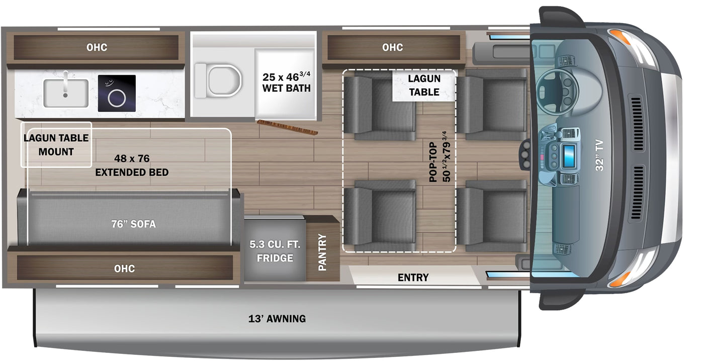 This rv rental floor plan shows kitchen, wet bath, extended bed, sofa, and dining areas, visualizing the interior layout.