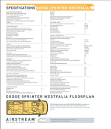 A 2005 Dodge Sprinter Westfalia RV specifications sheet & floorplan, detailing features ideal for an RV rental.
