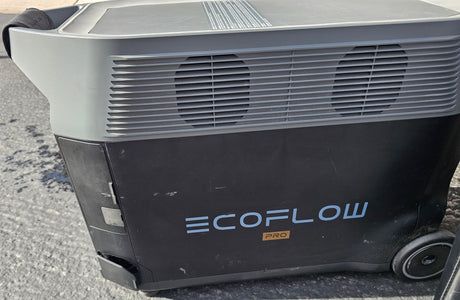 EcoFlow Pro portable power station for rv rental, a dark grey/black unit with wheels and vents, ready for off-grid power.
