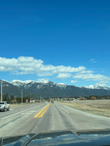 Road trip via RV rental: drive towards snow-capped mountains and a distant town under a clear blue sky.