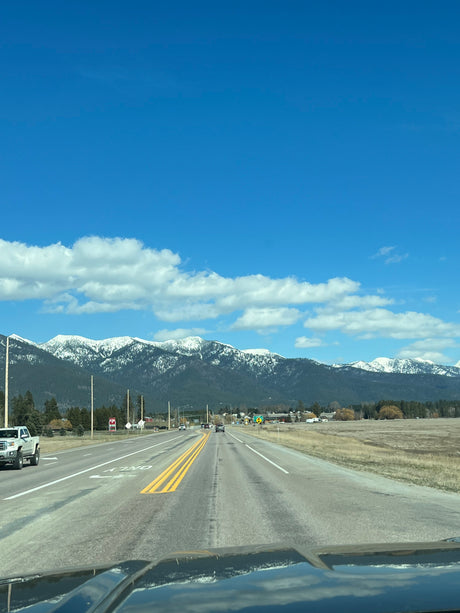 Road trip via RV rental: drive towards snow-capped mountains and a distant town under a clear blue sky.
