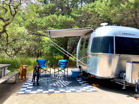An Airstream RV camp setup with an extended awning. A golden retriever & black lab lounge on a mat, ready for an RV rental trip.