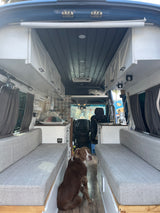 RV rental interior: A brown dog sits in the aisle, flanked by custom cabinetry, benches, and a kitchenette.