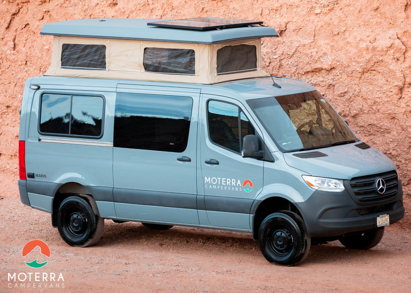 Side view of a light gray Mercedes-Benz Sprinter pop-top campervan, ideal for RV rental adventures. — photo 4