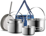 Stainless steel camping cookware set, ideal for your RV rental adventure. Includes pots, pan, & steamer.