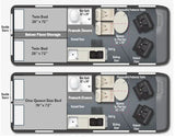 RV rental options: two floor plans. Top has twin beds, bottom a queen. Both feature wet bath, kitchen, and adaptable seating.