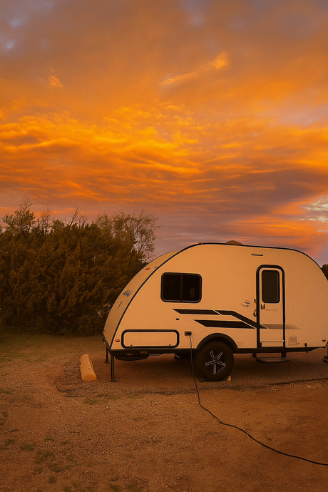 Enjoy a vibrant sunset with this cozy RV rental! A small travel trailer is parked, ready for your next nature adventure.