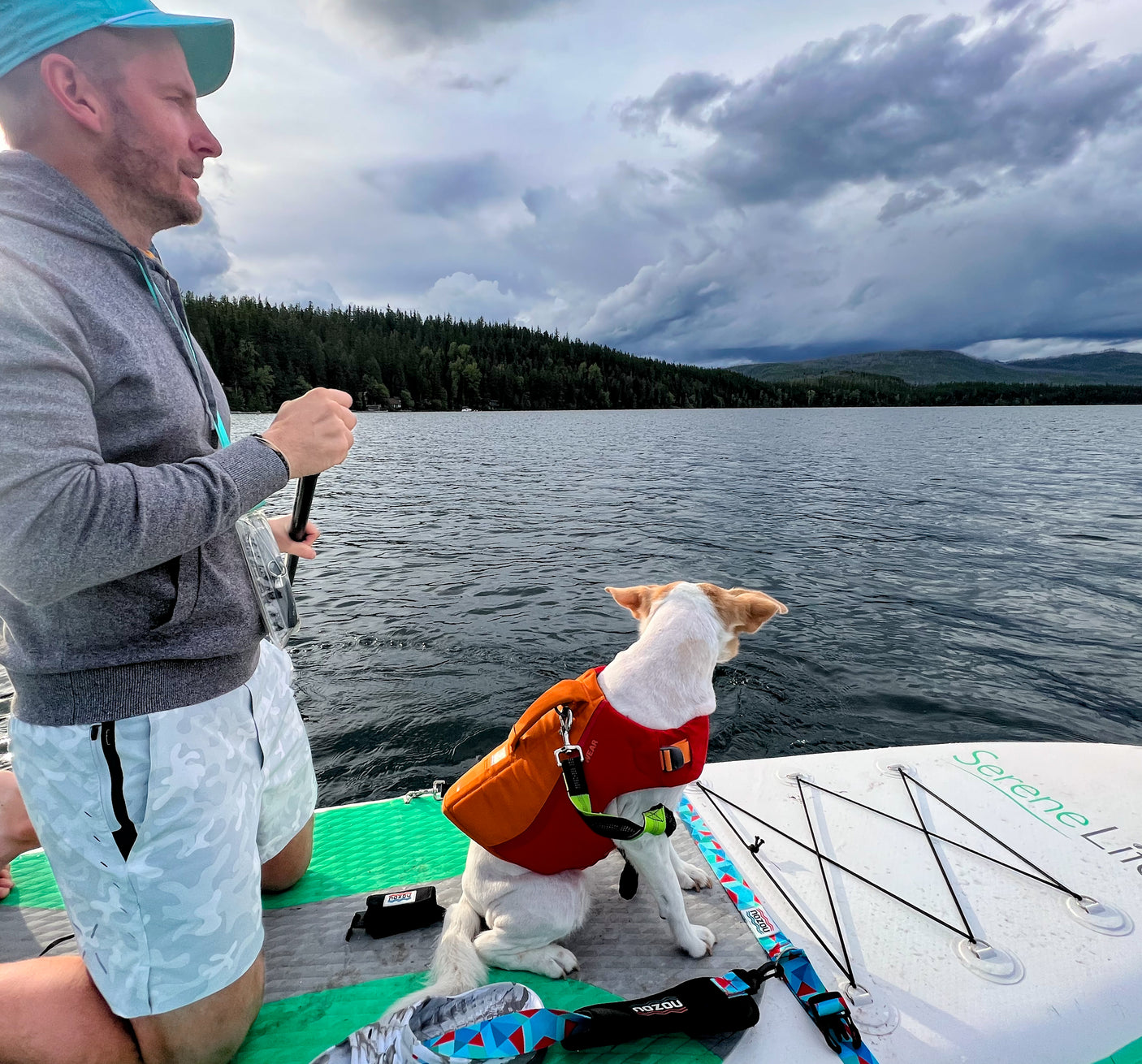 A man and his dog on a paddleboard, enjoying a lake day, perfect after an RV rental journey. Mountains and clouds in background.