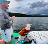 A man and his dog on a paddleboard, enjoying a lake day, perfect after an RV rental journey. Mountains and clouds in background.