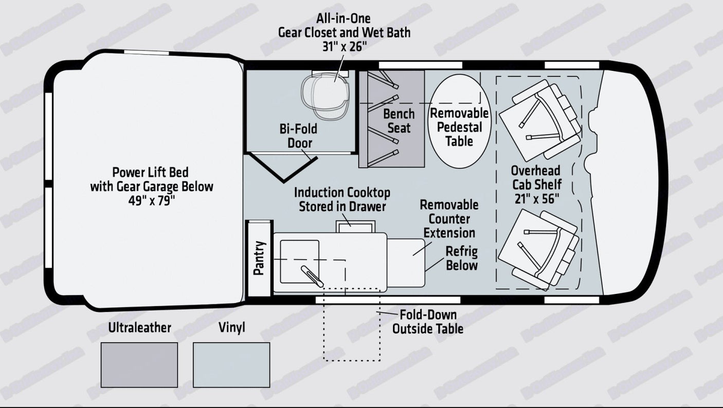 RV rental floor plan showing a compact interior with power lift bed, wet bath, kitchen, and versatile dining space.
