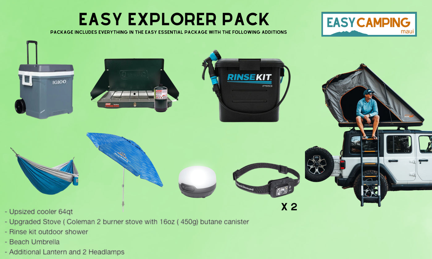 Easy Explorer Pack for your rv rental adventure. Includes a rooftop tent, cooler, stove, outdoor shower, and camp lights. — photo 5