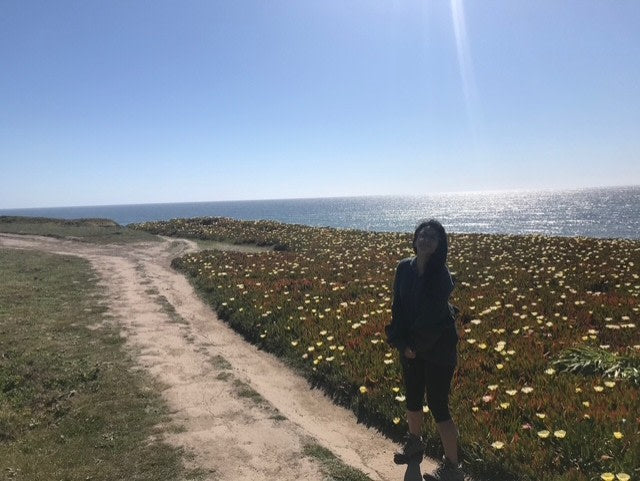 A person on a dirt coastal path with ocean, flowers. Explore scenic views with an RV rental.