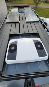 This RV rental is equipped with rooftop solar panels, an AC unit, and a sturdy deck, ideal for off-grid adventures.