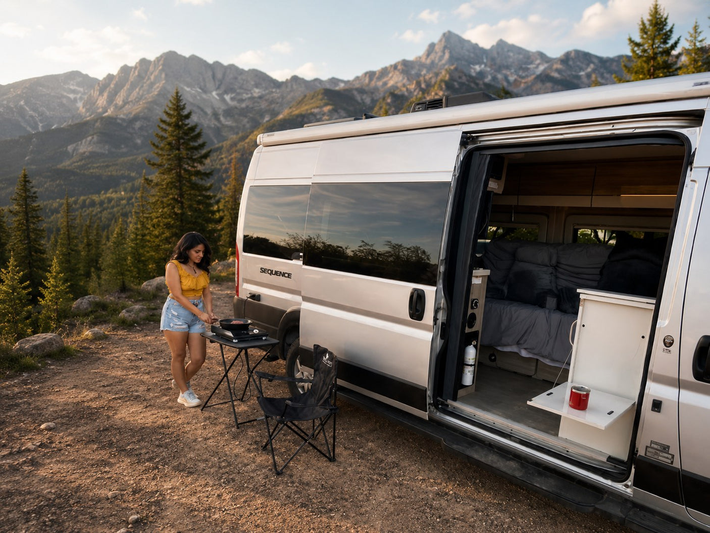 Woman cooking next to a camper van RV rental, surrounded by mountains and pine trees, enjoying an outdoor meal.