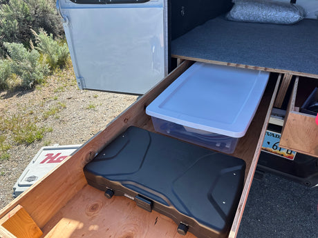RV rental camper kitchen drawer with Coleman stove & storage. Ready for road trip cooking & adventure!