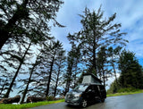 Black Mercedes campervan RV rental with pop-top extended, parked on a road lined with tall evergreen trees overlooking the ocean.