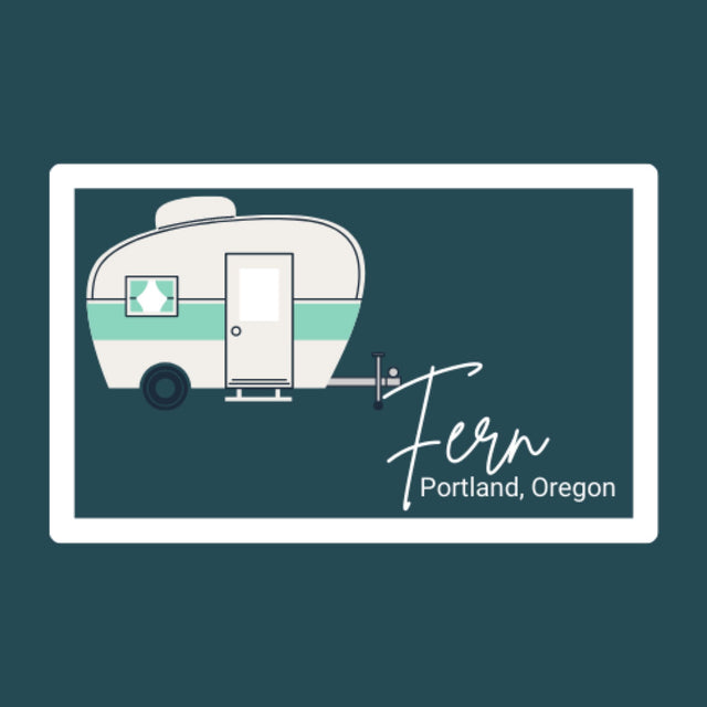 Illustrated vintage travel trailer (RV rental 'Fern', Portland, OR) on a teal background.
