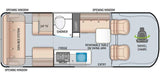 RV rental floor plan: sofa bed, kitchen, bath, swivel chairs. Visualize the compact campervan interior layout.