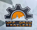 Off Grid Trailers logo: a black gear with orange, white, and gray landscape inside. White/orange text. Ideal for rugged adventure & RV rental.