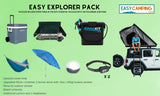 Enhance your RV rental trip with our Easy Explorer Pack: cooler, stove, shower, hammock, umbrella, and roof tent on a Jeep.