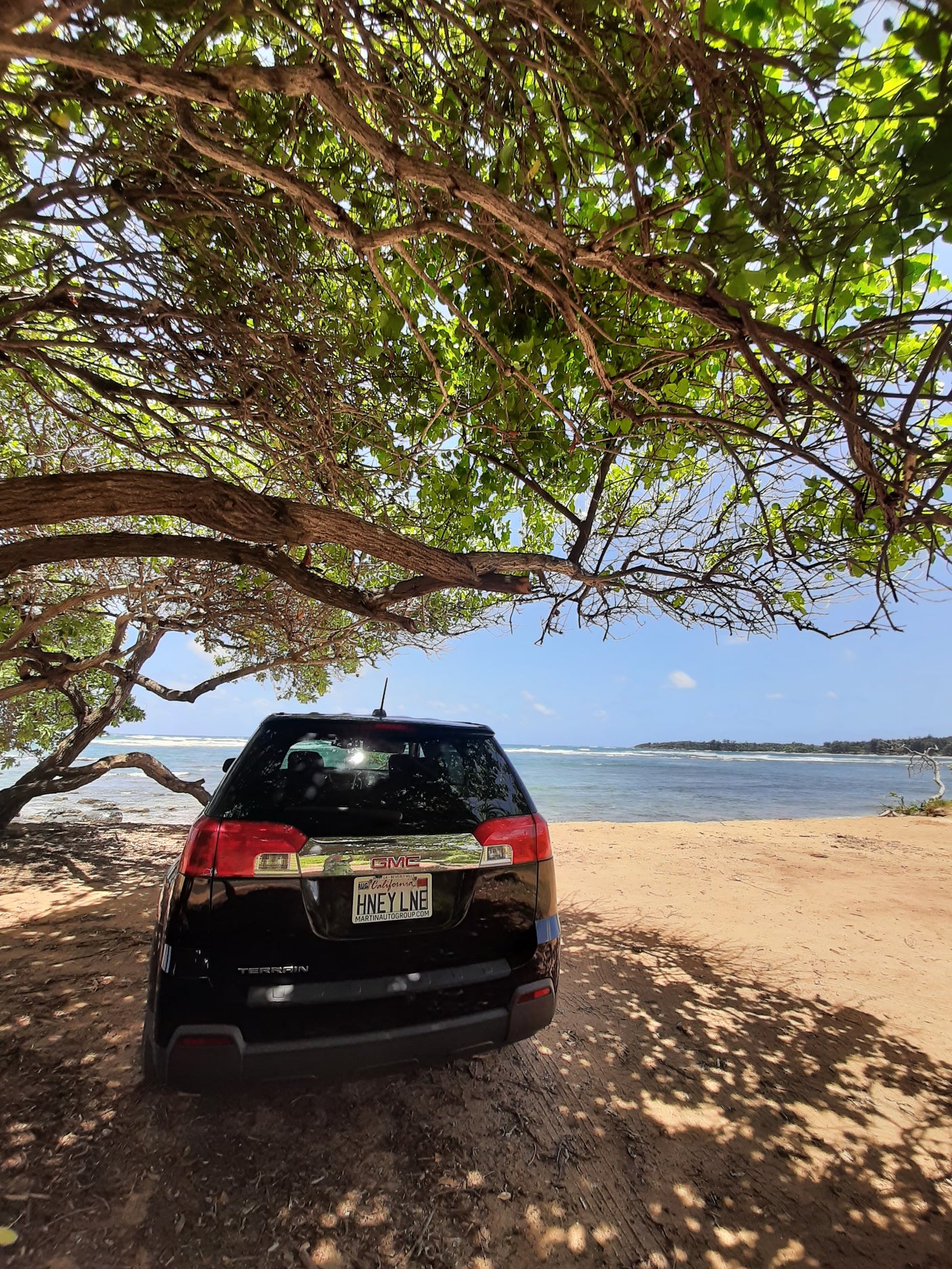 A black GMC Terrain SUV by the ocean, under a shady tree on a sandy path. Perfect for beach trips, like an RV rental adventure!
