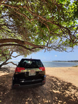 A black GMC Terrain SUV by the ocean, under a shady tree on a sandy path. Perfect for beach trips, like an RV rental adventure!