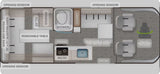 RV rental interior floor plan: compact layout with sofa bed, kitchen, bath, and swivel chairs for travel comfort.