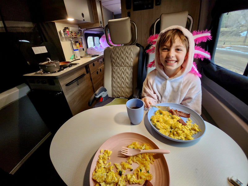  showing a compact bathroom with toilet and shower stall. A bed and small sink are to the left.|Cozy RV rental interior: pink Squishmallow — photo 5