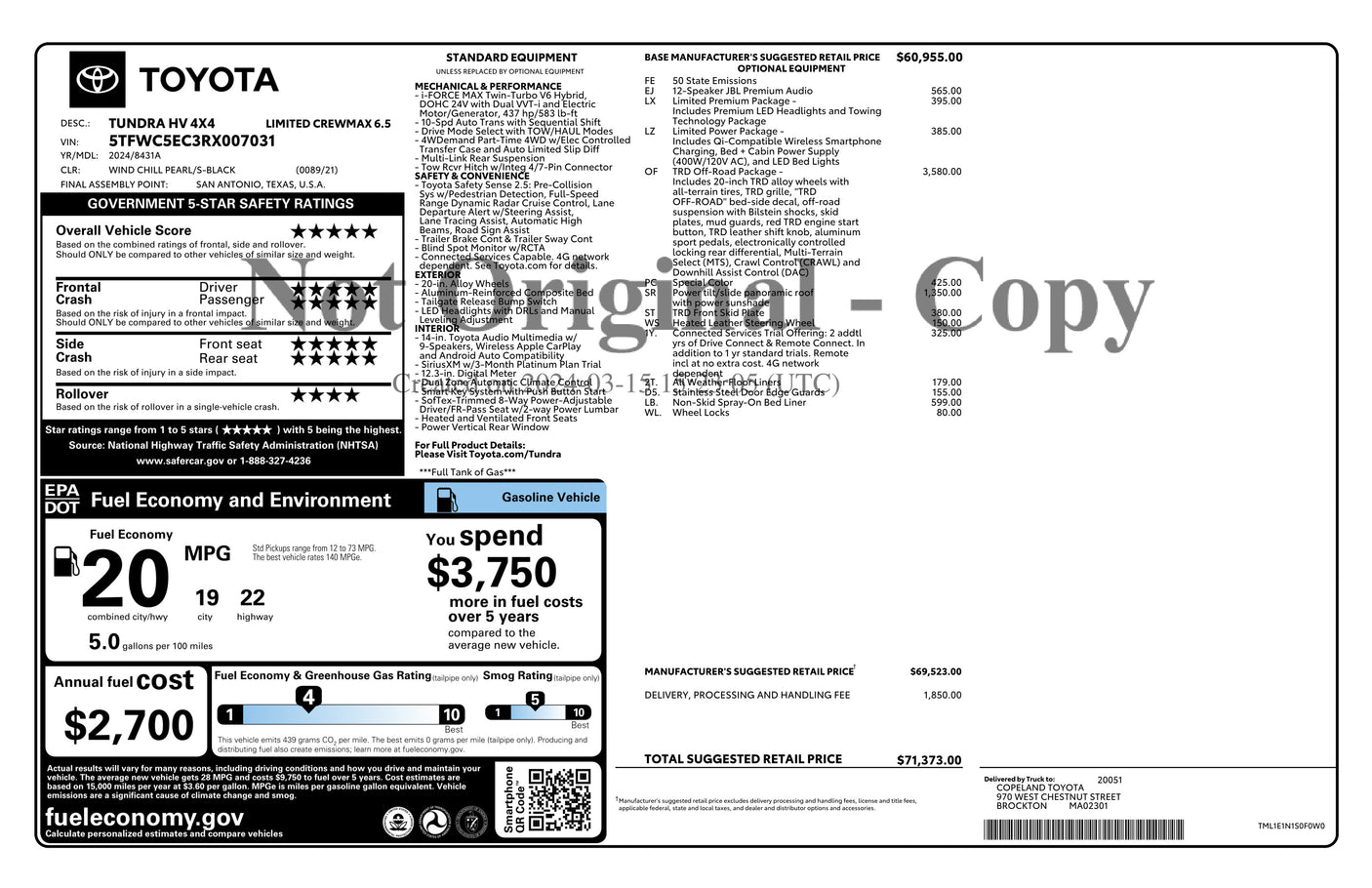 2024 Toyota Tundra — original Toyota factory window sticker