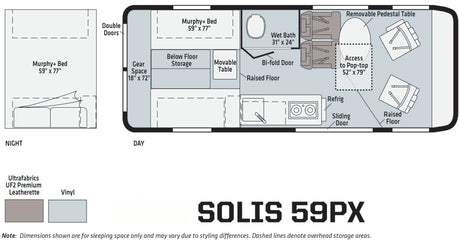 This Solis 59PX RV rental floor plan shows versatile day/night layouts, including a Murphy bed, wet bath, kitchen, and pop-top access.