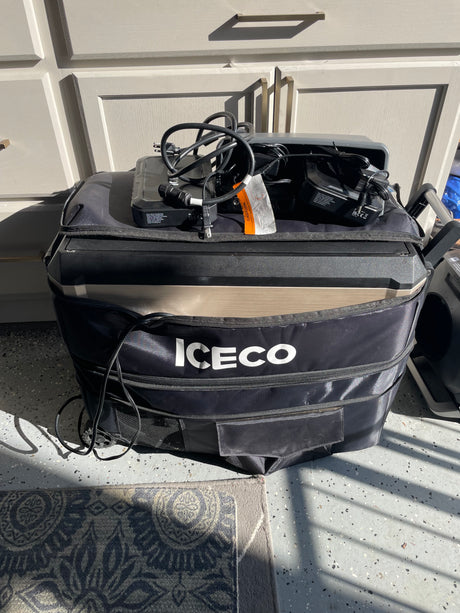 ICECO portable fridge/freezer with accessories, ready for your next rv rental adventure.