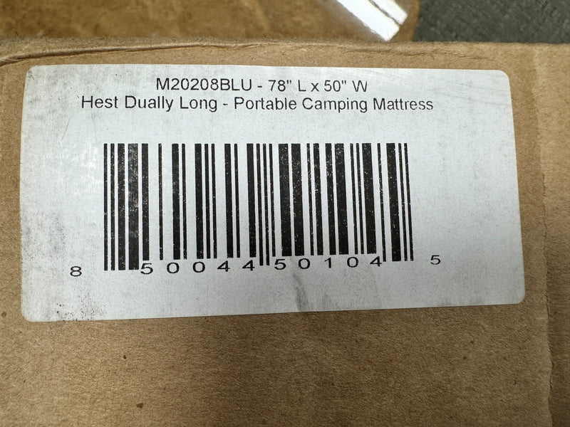 Shipping label on the still-boxed Hest Dually Long portable camping mattress included with the tent, reading M20208BLU, 78 inches long by 50 inches wide — photo 8