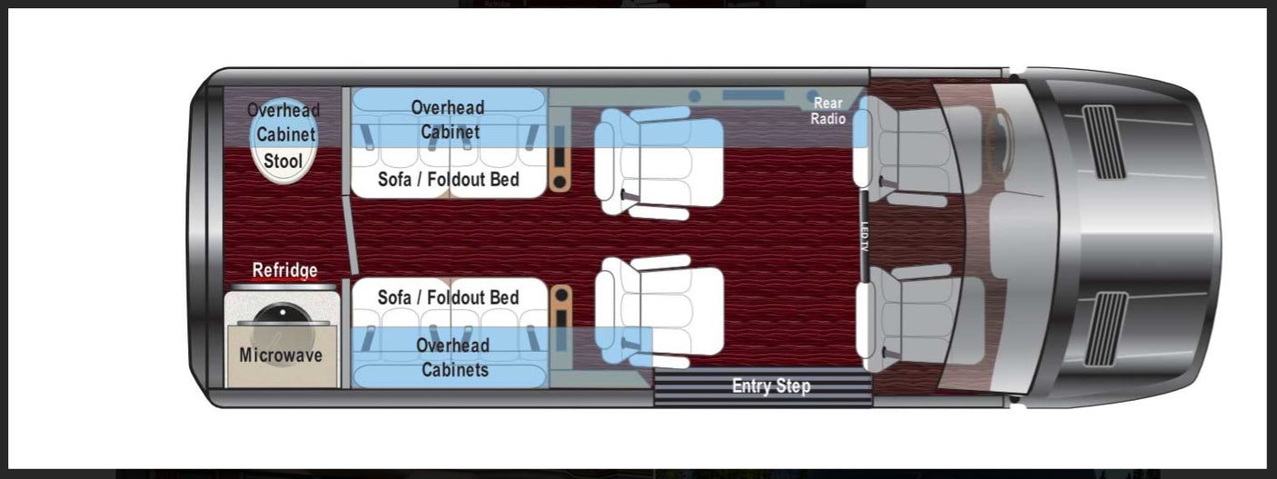 Top-down RV rental floor plan shows detailed interior layout: kitchen, foldout beds, storage, and passenger seating.