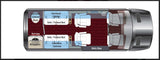 Top-down RV rental floor plan shows detailed interior layout: kitchen, foldout beds, storage, and passenger seating.