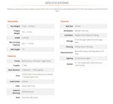 This RV rental specifications document details weights, interior features, and exterior components for an RV.