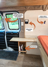 This RV rental offers a well-equipped interior with foldable hooks, adjustable heat, USB/USB-C charging outlets, and a bookshelf.