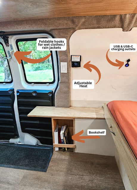 This RV rental offers a well-equipped interior with foldable hooks, adjustable heat, USB/USB-C charging outlets, and a bookshelf.